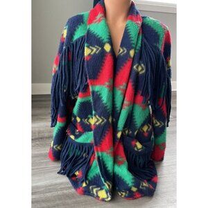 Westbourne Southwestern Print Fleece Cardigan Size L Fringe Pockets Soft Vintage